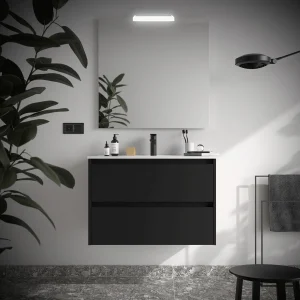 Mueble de baño suspendido Noja con 2 cajones y lavabo de porcelana, en negro, ambientado en baño