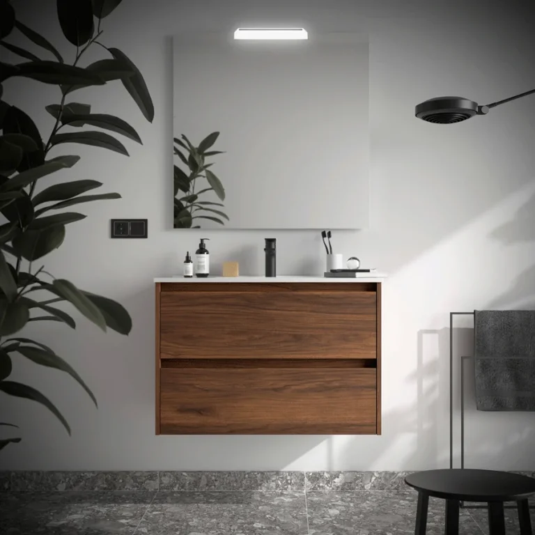 Mueble de baño suspendido Noja con 2 cajones y lavabo de porcelana, en madera oscura con espejo
