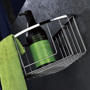 Jabonera de rincón, accesorio de baño en acabado cromo, ambientado en baño