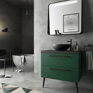 Lavabo Lokum sobre encimera circular en porcelana negra mate, en negro, ambientado en baño, vista 3