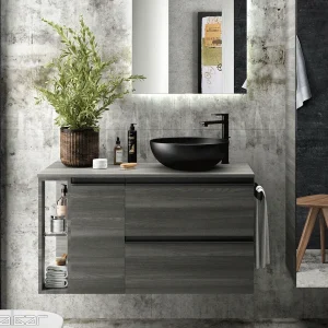 Lavabo Lokum sobre encimera circular en porcelana negra mate, en negro, ambientado en baño, vista 4