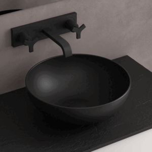 Lavabo Lokum sobre encimera circular en porcelana negra mate