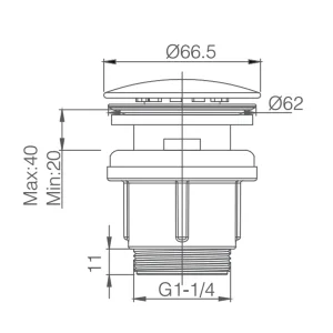 Válvula click-clack de PVC para lavabo en acabado cromo, plano con medidas