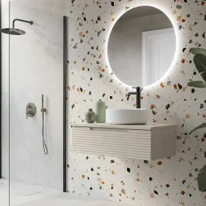 Mueble de baño Miami suspendido con 2 cajones y tapa lacada, en blanco con espejo redondo iluminado