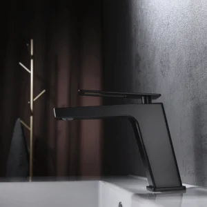 Grifo monomando lavabo Suecia, diseño moderno, en negro, ambientado en baño