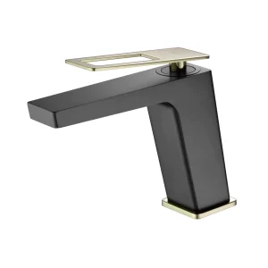 Grifo monomando lavabo Suecia, diseño moderno, en negro y dorado