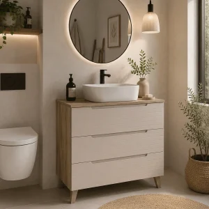 Mueble de baño Roma con tres cajones y patas para lavabo sobre encimera, en beige, ambientado en baño, vista 4