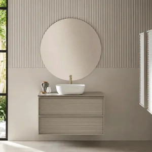 Mueble de baño suspendido Zenit con lavabo sobre encimera incluido | 60, 80 y 100 cm, en gris con espejo redondo