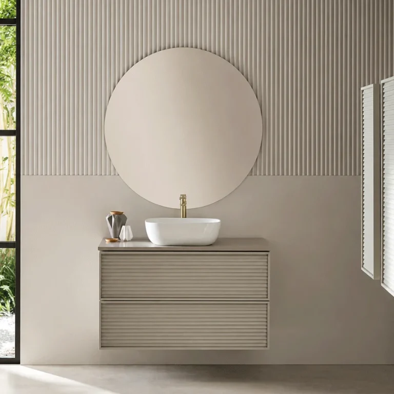 Mueble de baño suspendido Zenit con lavabo sobre encimera incluido | 60, 80 y 100 cm, en gris con espejo redondo