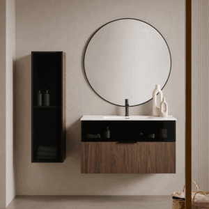 Mueble de baño Mirko suspendido de dos cajones con cristal decorativo y lavabo porcelana