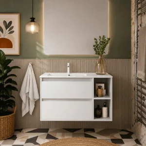 Mueble de baño Malta suspendido con lavabo de porcelana desplazado, en blanco, ambientado en baño