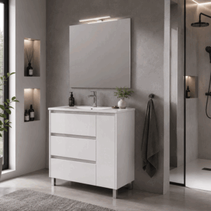 Mueble de baño Sevilla con tres cajones y puerta lateral con lavabo de porcelana integrado