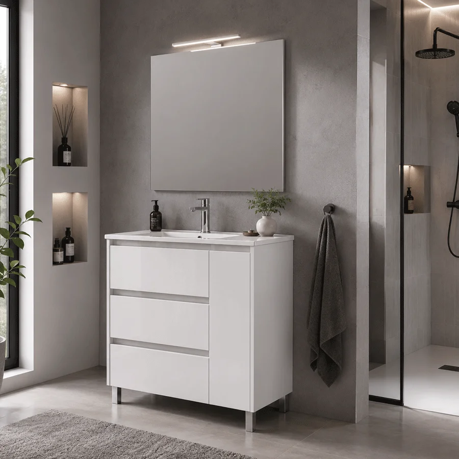 1 Mueble de baño Sevilla con tres cajones y puerta lateral con lavabo de porcelana integrado, en blanco con patas y espejo