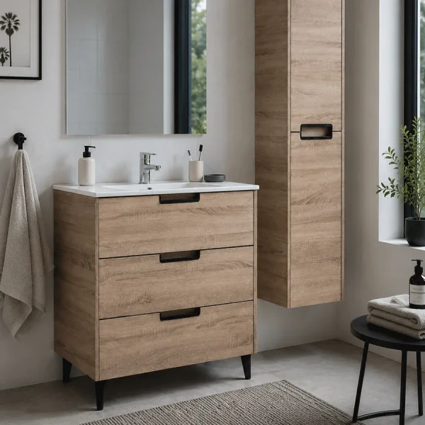 Mueble de baño Britanic con tres cajones, patas y lavabo porcelánico, en madera con columna
