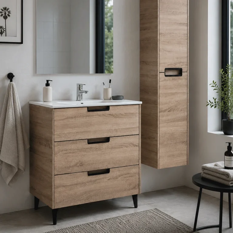 Mueble de baño Britanic con tres cajones, patas y lavabo porcelánico, en madera con columna