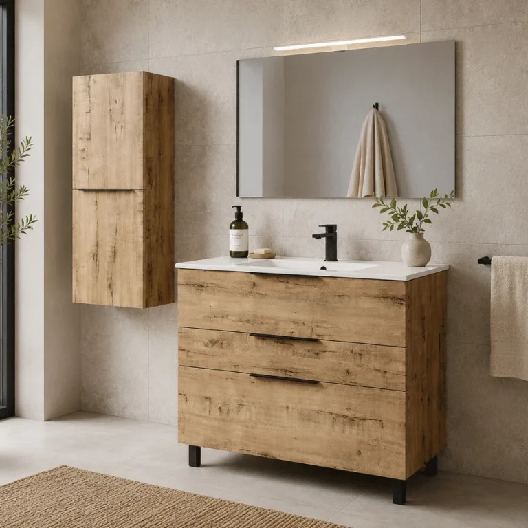 Mueble de baño Ikon de 3 cajones con lavabo de porcelana integrado, en madera con espejo y columna