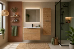 Mueble de baño Ikon suspendido con lavabo de porcelana integrado, en madera, ambientado en baño