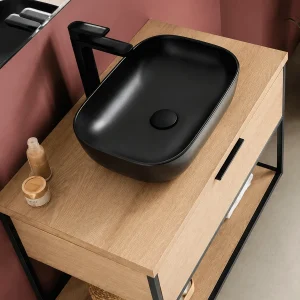 Mueble de baño Estructura suspendido con tapa y lavabo sobre encimera incluido, detalle del lavabo en negro, vista 4