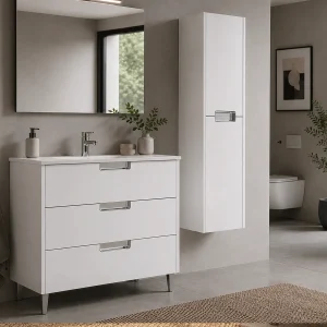 Mueble de baño Britanic con tres cajones, patas y lavabo porcelánico, en blanco, ambientado en baño