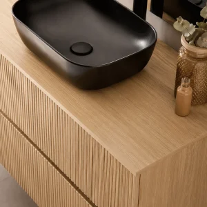 Mueble de baño Etna suspendido de 2 cajones con tapa y lavabo sobre encimera incluido, detalle del lavabo en negro