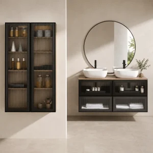 Mueble de saño KOBA suspendido con tapa y lavabo porcelánico incluido, en negro con espejo redondo y vitrina