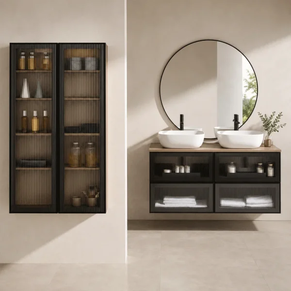 Mueble de saño KOBA suspendido con tapa y lavabo porcelánico incluido, en negro con espejo redondo y vitrina