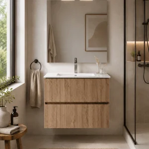 Mueble de baño Etna suspendido con lavabo cerámico integrado, en madera, ambientado en baño