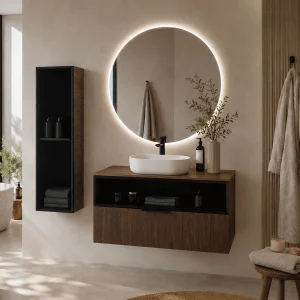Mueble de baño Mirko suspendido con tapa y lavabo porcelánico incluido, en madera, ambientado en baño, vista 4