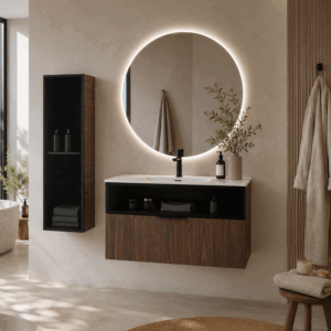 Mueble de baño Mirko suspendido de dos cajones con cristal decorativo y lavabo porcelana - Imagen 3