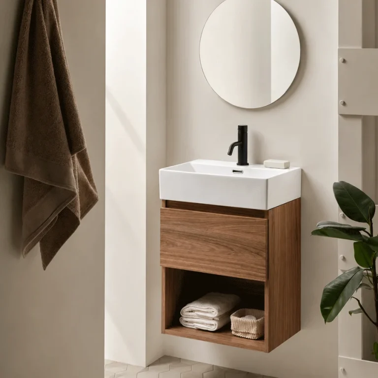 Mueble de Baño Suspendido 50 cm con Lavabo Cerámico, en madera con hueco abierto y espejo redondo