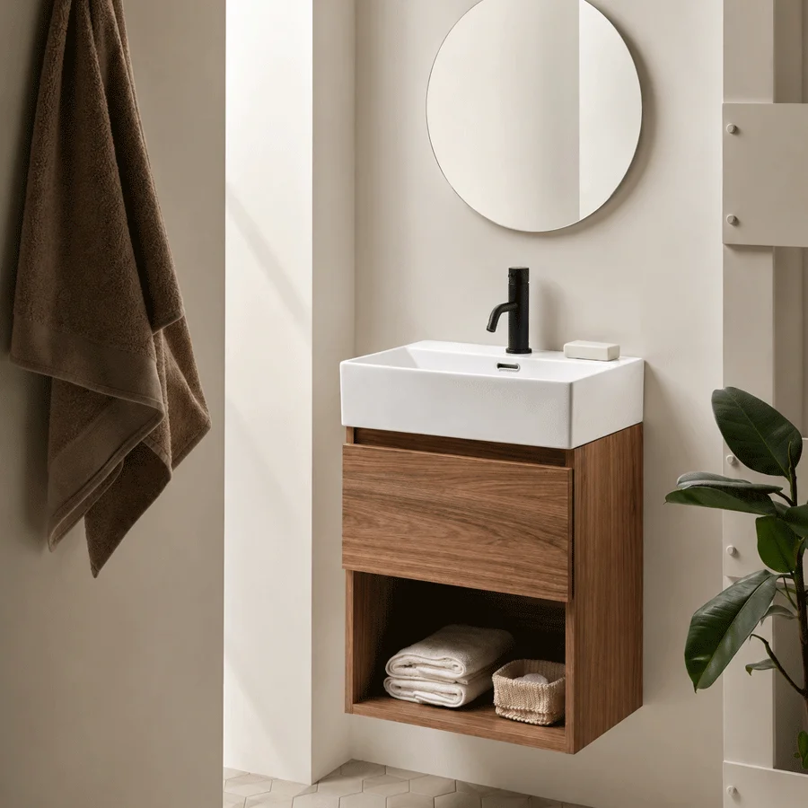 2 Mueble de Baño Suspendido 50 cm con Lavabo Cerámico, en madera con hueco abierto y espejo redondo