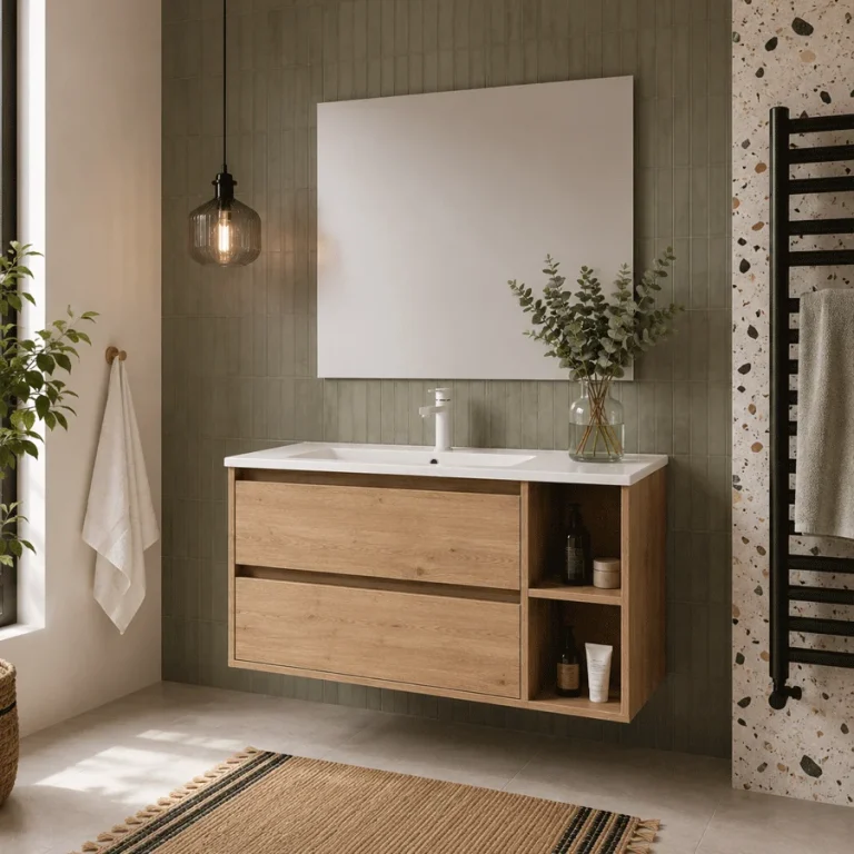 Mueble de baño Malta suspendido con lavabo de porcelana desplazado, en madera con baldas abiertas