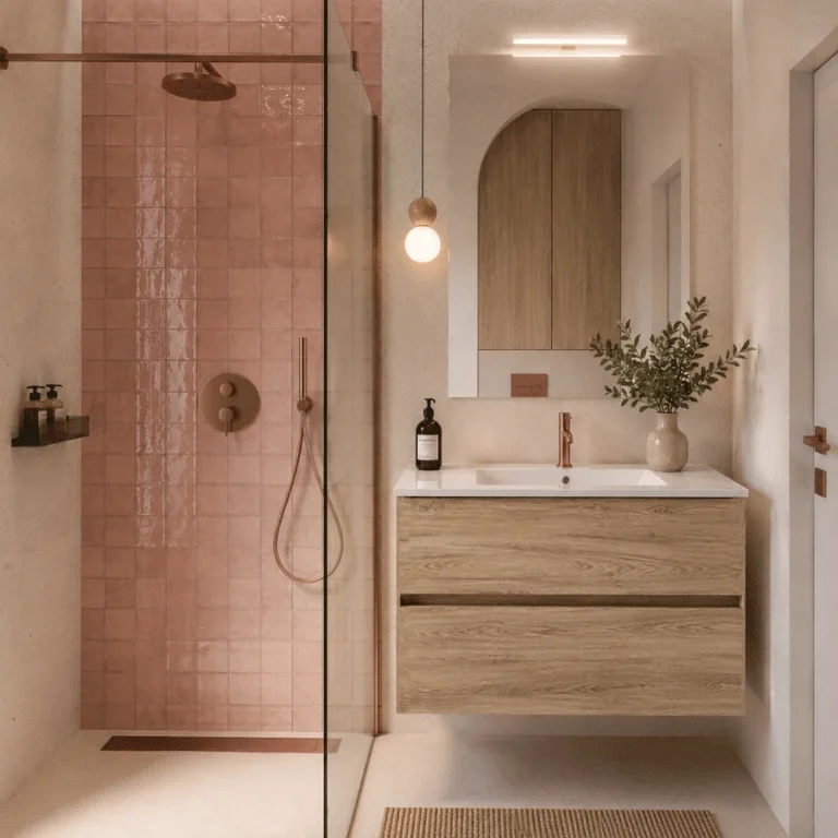 Mueble de baño Elsa dos cajones suspendido con lavabo de porcelana integrado, en madera clara, ambientado en baño rosa