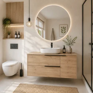 Mueble de baño Illora para lavabo sobre encimera, en madera, ambientado en baño