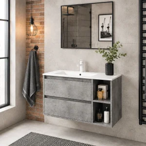 Mueble de baño Malta suspendido con lavabo de porcelana desplazado, en gris, ambientado en baño