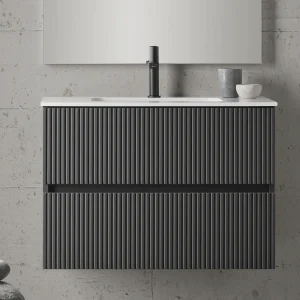 Mueble de baño Etna suspendido con lavabo cerámico integrado, en negro, ambientado en baño