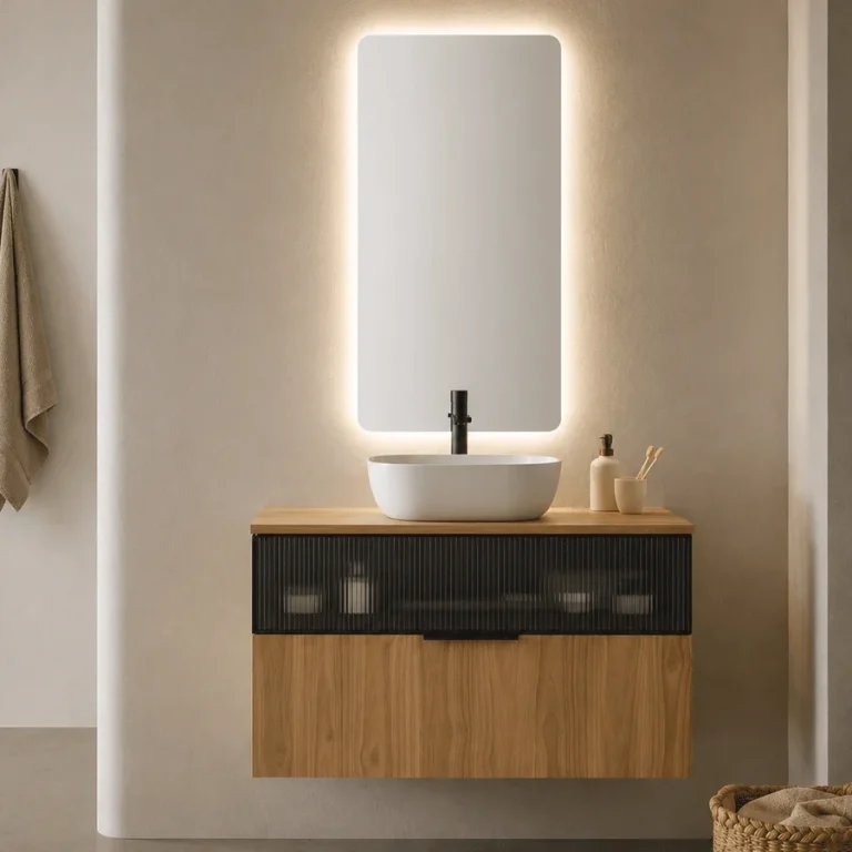 Mueble de baño Mirko suspendido con tapa y lavabo porcelánico incluido, en madera con frente negro y espejo iluminado