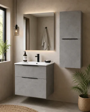 Mueble de baño Ikon suspendido con lavabo de porcelana integrado, en gris, ambientado en baño