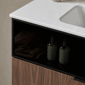 Mueble de baño Mirko suspendido de dos cajones con cristal decorativo y lavabo porcelana - Imagen 5