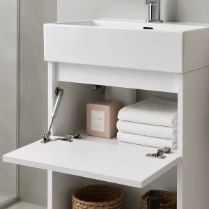 Mueble de Baño Suspendido 50 cm con Lavabo Cerámico, en blanco, abierto con el interior visible