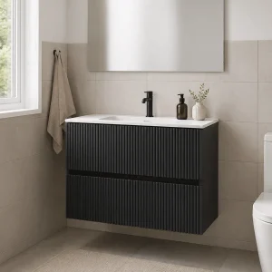 Mueble de baño Etna suspendido con lavabo cerámico integrado, en negro, ambientado en baño, vista 7