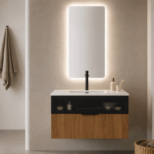 Mueble de baño Mirko suspendido de dos cajones con cristal decorativo y lavabo porcelana - Imagen 2