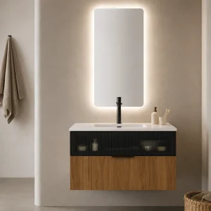 Mueble de baño Mirko suspendido de dos cajones con cristal decorativo y lavabo porcelana, en madera, ambientado en baño