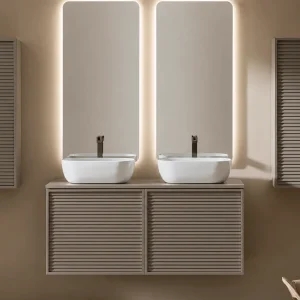 Mueble de baño Zenit suspendido de 1 cajón con lavabo sobre encimera incluido, en gris ranurado con dos espejos iluminados