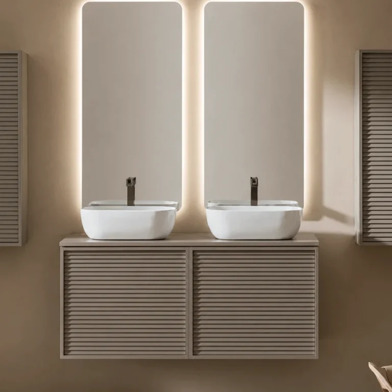 Mueble de baño Zenit suspendido de 1 cajón con lavabo sobre encimera incluido, en gris ranurado con dos espejos iluminados