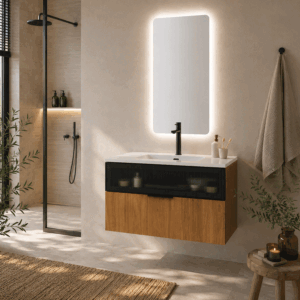 Mueble de baño Mirko suspendido de dos cajones con cristal decorativo y lavabo porcelana - Imagen 4