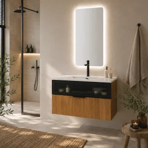 Mueble de baño Mirko suspendido de dos cajones con cristal decorativo y lavabo, en madera, ambientado en baño, vista 4
