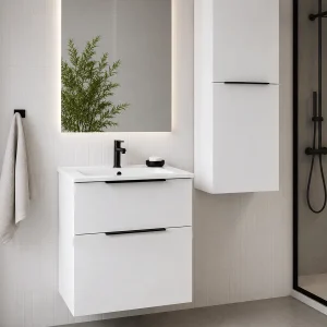 Mueble de baño Ikon suspendido con lavabo de porcelana integrado, en blanco, ambientado en baño, vista 4