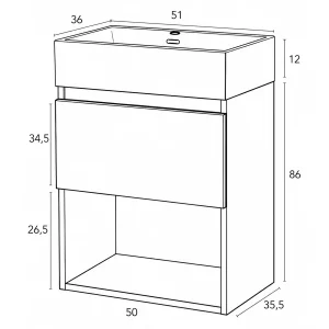 Mueble de Baño Suspendido 50 cm con Lavabo Cerámico, plano con medidas