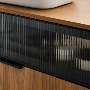 Mueble de baño Mirko suspendido con tapa y lavabo porcelánico incluido, detalle del acabado en negro, vista 7